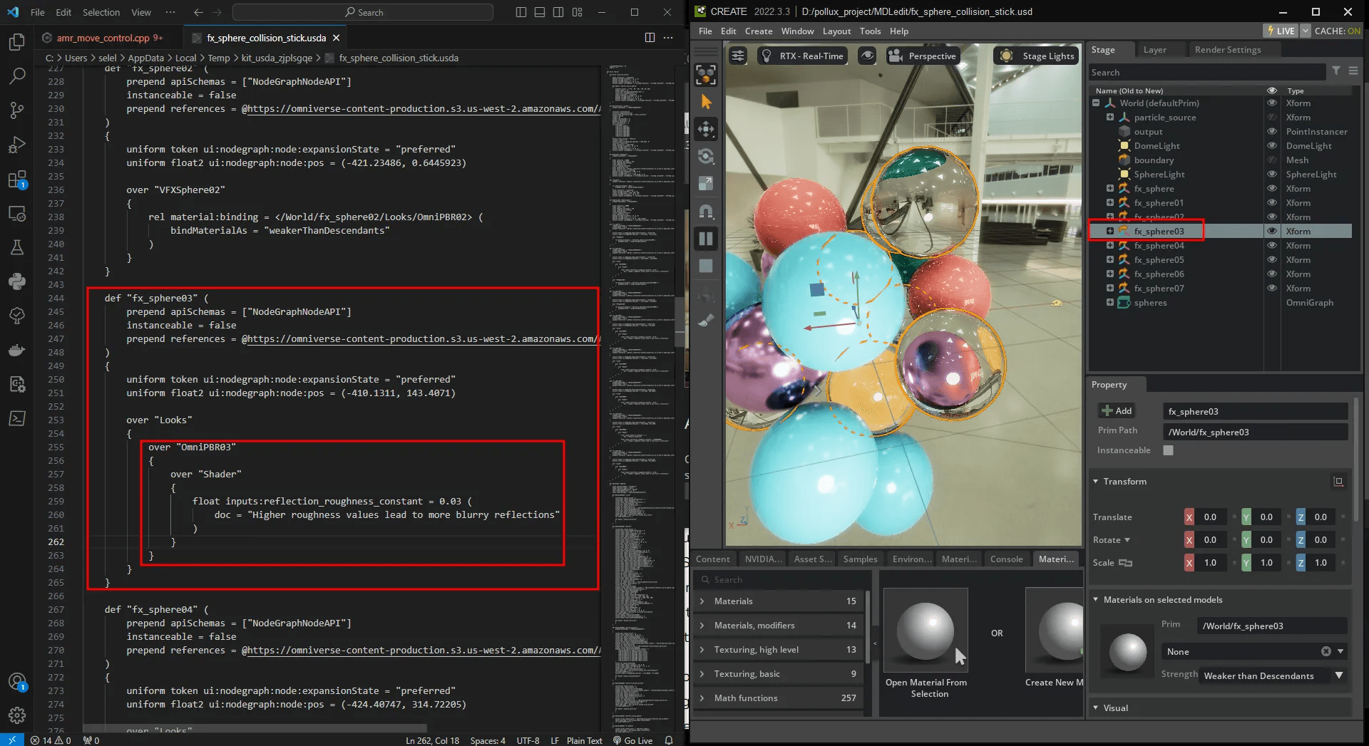 해당 USD의 코드에서  Sphere_03의 Material 실시간 변경 가능